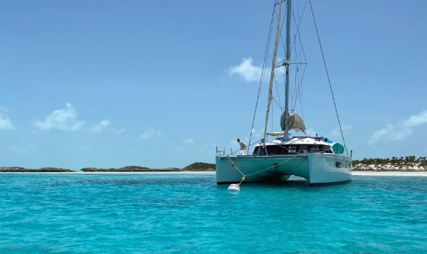 S/V Purpose at anchor in The Bahamas, photographed from the tender.