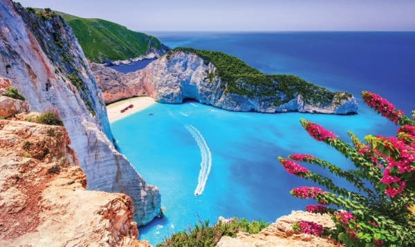 Navagio beach, viewed from the cliff above.