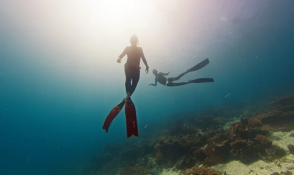 Two free-divers above a shallow reef in Raja Ampat.